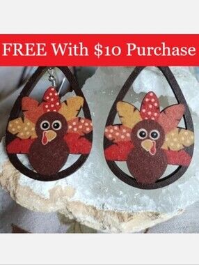 Turkey Wood Wooden Teardrop Earrings Fall Autumn Thanksgiving Jewelry RED BANNER